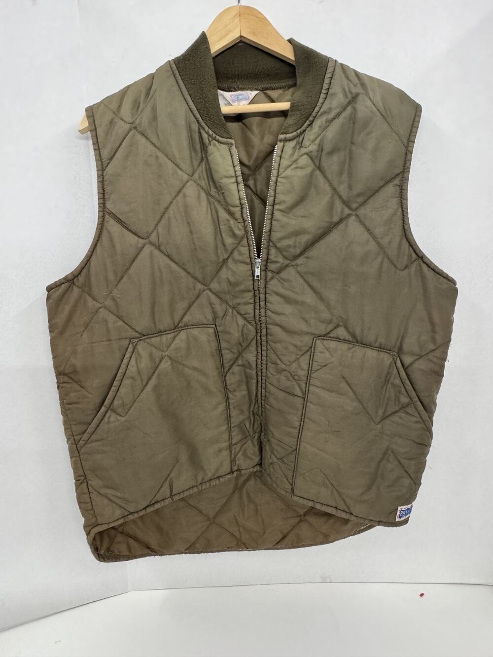 Vintage Big Smith Brown Puffer Trucker Vest Men's L/XL Full Zip Diamond Quilt